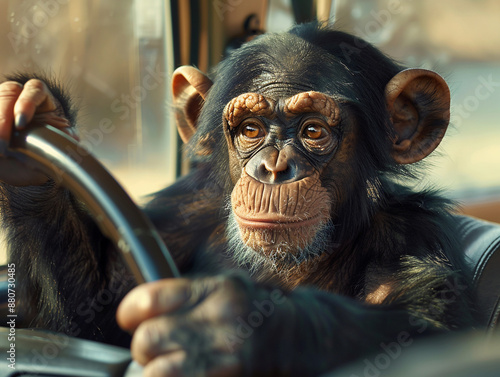 Chimpanzee Driving A Car With A Serious Expression © pavlofox