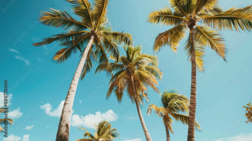 Obraz premium Palm trees against a clear blue seaside vacation sky