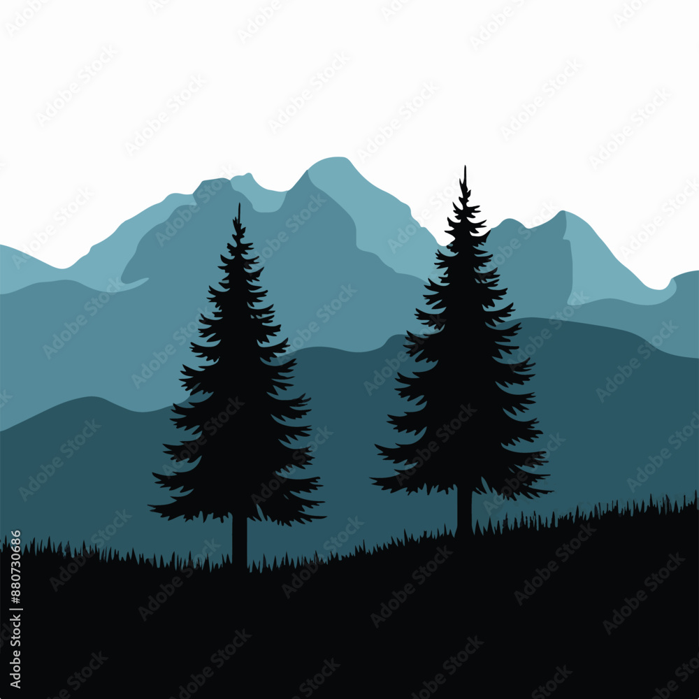Fototapeta premium Mountains silhouette vector tress with white background - Generative AI