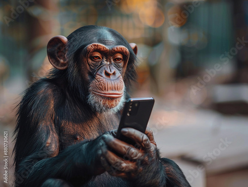 A Chimpanzee Uses A Smartphone Outdoors During The Day © pavlofox