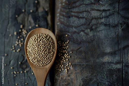 Brown quinoa grains in wooden spoon. Healthy food ingredient, with space for text photo