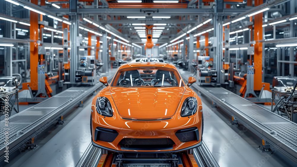 A modern production line with sports cars being assembled by both humans and robots A modern production line with sports cars being assembled by both humans and robots