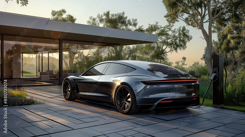 A sleek electric vehicle parked next to a solar-powered charging station A sleek electric vehicle parked next to a solar-powered charging station