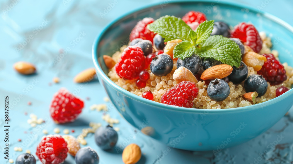 Blue bowl of quinoa topped with fresh raspberries, blueberries, almonds, and mint leaves Blue bowl of quinoa topped with fresh raspberries, blueberries, almonds, and mint leaves