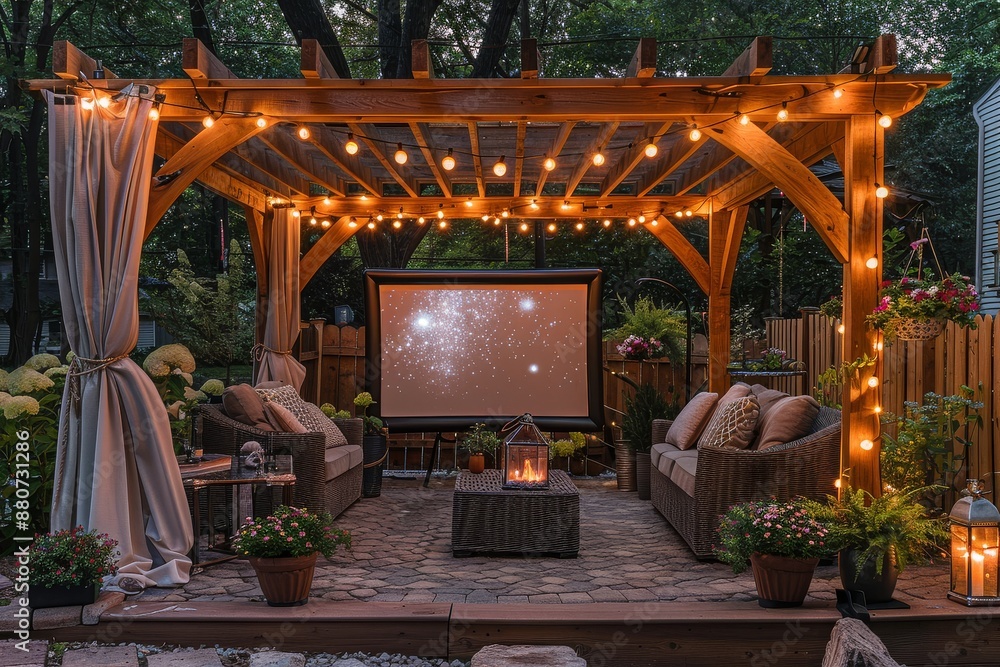 Cozy backyard outdoor cinema with wooden arbor, string lights, LED screen, potted plants, flowers, and warm lighting for a romantic movie night. Cozy backyard outdoor cinema with wooden arbor, string lights, LED screen, potted plants, flowers, and warm lighting for a romantic movie night.