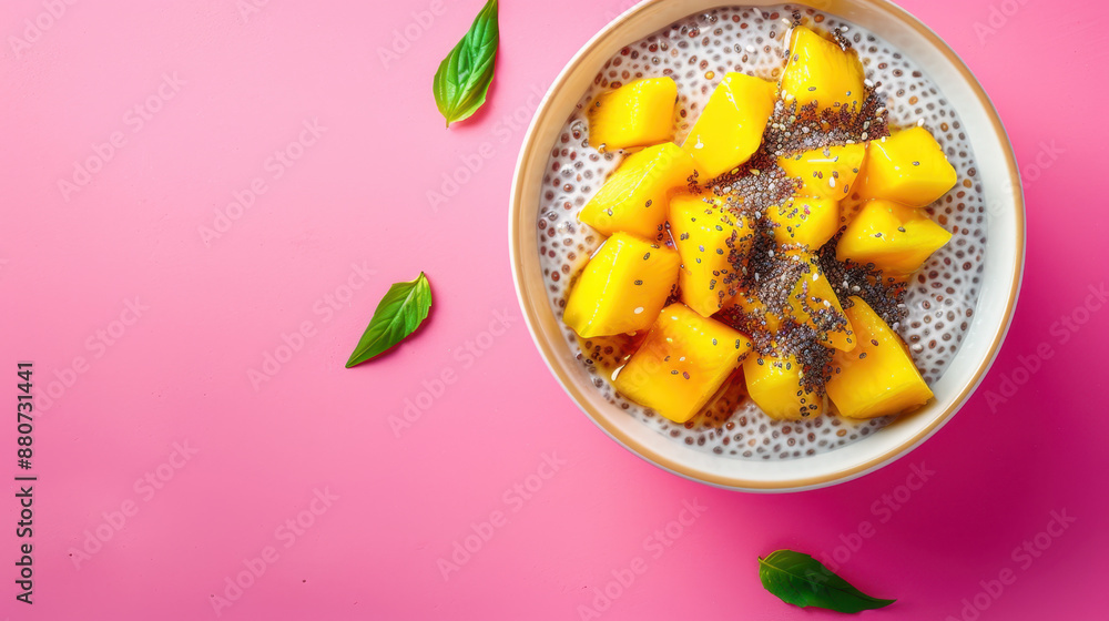 Fresh chia pudding with mango chunks and basil leaves on vibrant pink background Fresh chia pudding with mango chunks and basil leaves on vibrant pink background