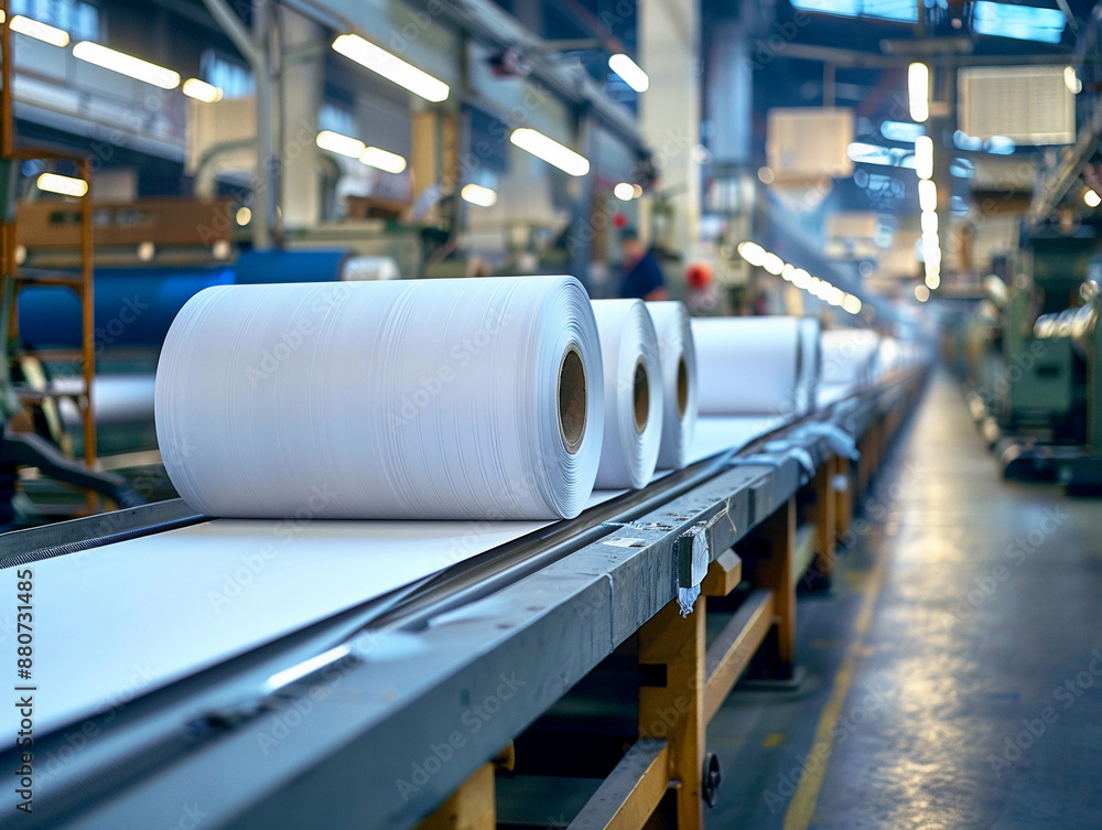 Rolls of White Paper Moving on Conveyor Belt in Industrial Factory Rolls of White Paper Moving on Conveyor Belt in Industrial Factory