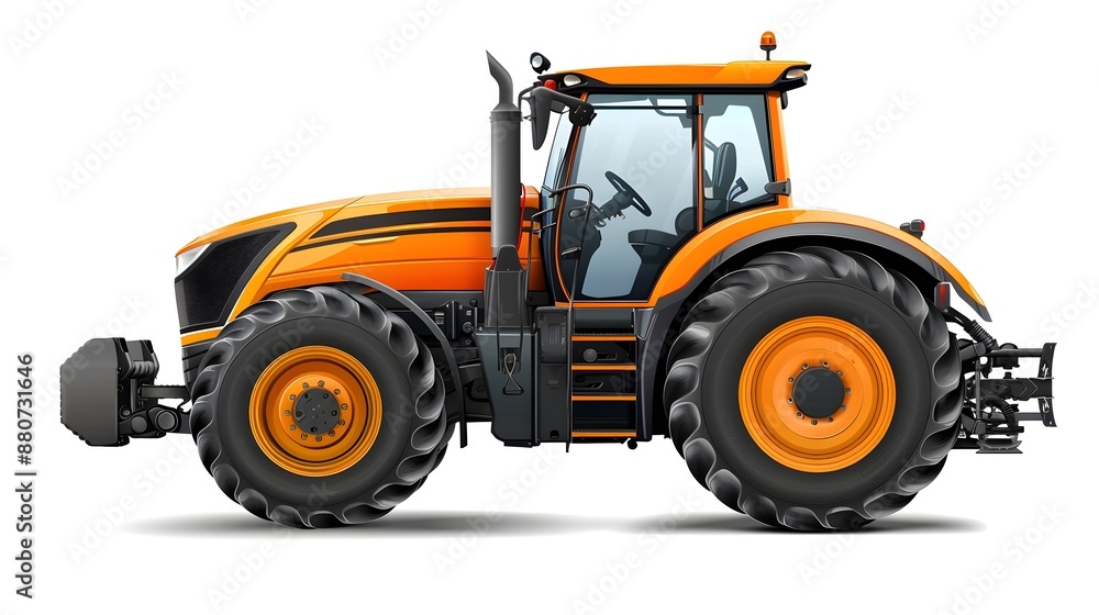 Large Orange Farming Tractor in Rural Landscape of Cultivated Field Large Orange Farming Tractor in Rural Landscape of Cultivated Field