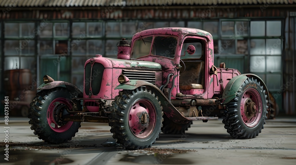 Obraz premium Vintage Rustic Weathered Grungy Abandoned Pickup Truck in Industrial Workshop Setting