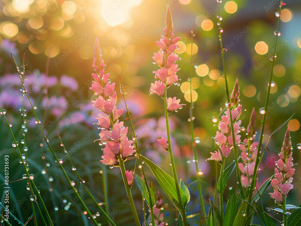 Obraz premium Pink Flowers in a Garden With Morning Dew and Sunlight