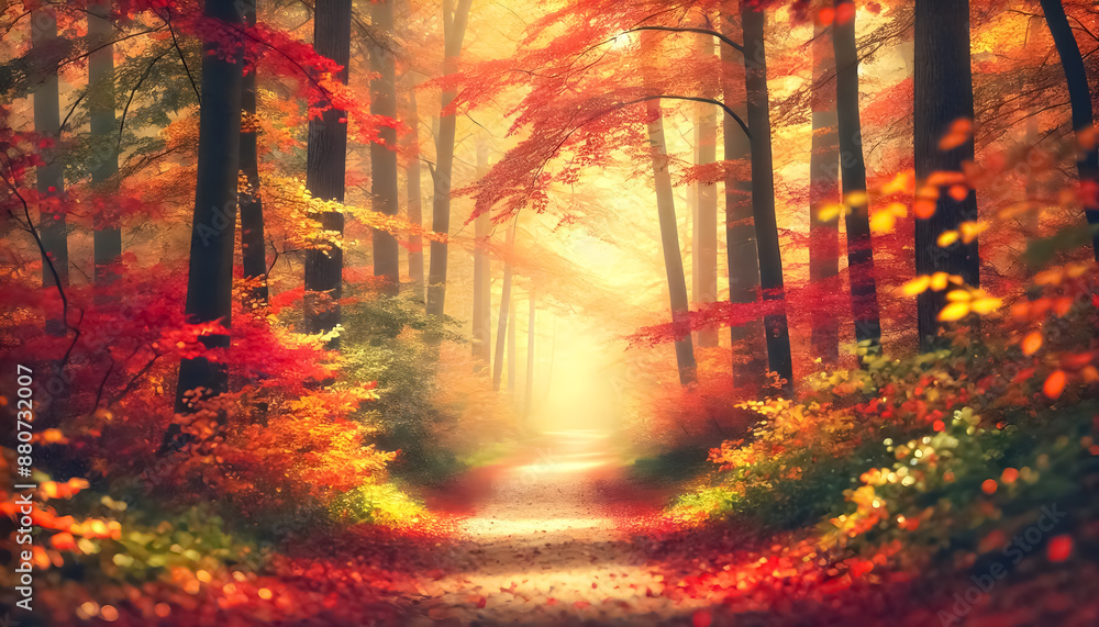A wallpaper with a soft, blurred background of a woodland path in autumn hues. A wallpaper with a soft, blurred background of a woodland path in autumn hues.