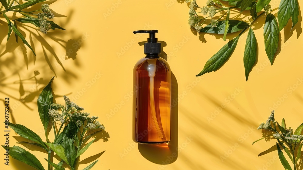 Natural shampoo bottle on bright backdrop Natural shampoo bottle on bright backdrop