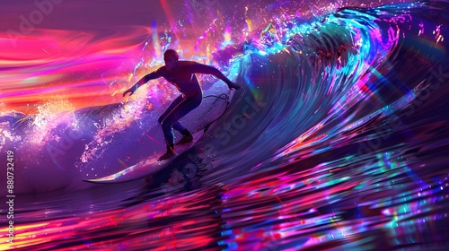 Fototapeta Naklejka Na Ścianę i Meble -  Surfer Riding a Vibrant Neon Wave at Sunset with Dynamic Colors and Reflections