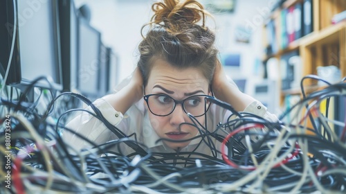 Desperate young woman tangled in cables, struggling with technology issues, stressed and frustrated at work, seeking tech support assistance for resolution photo