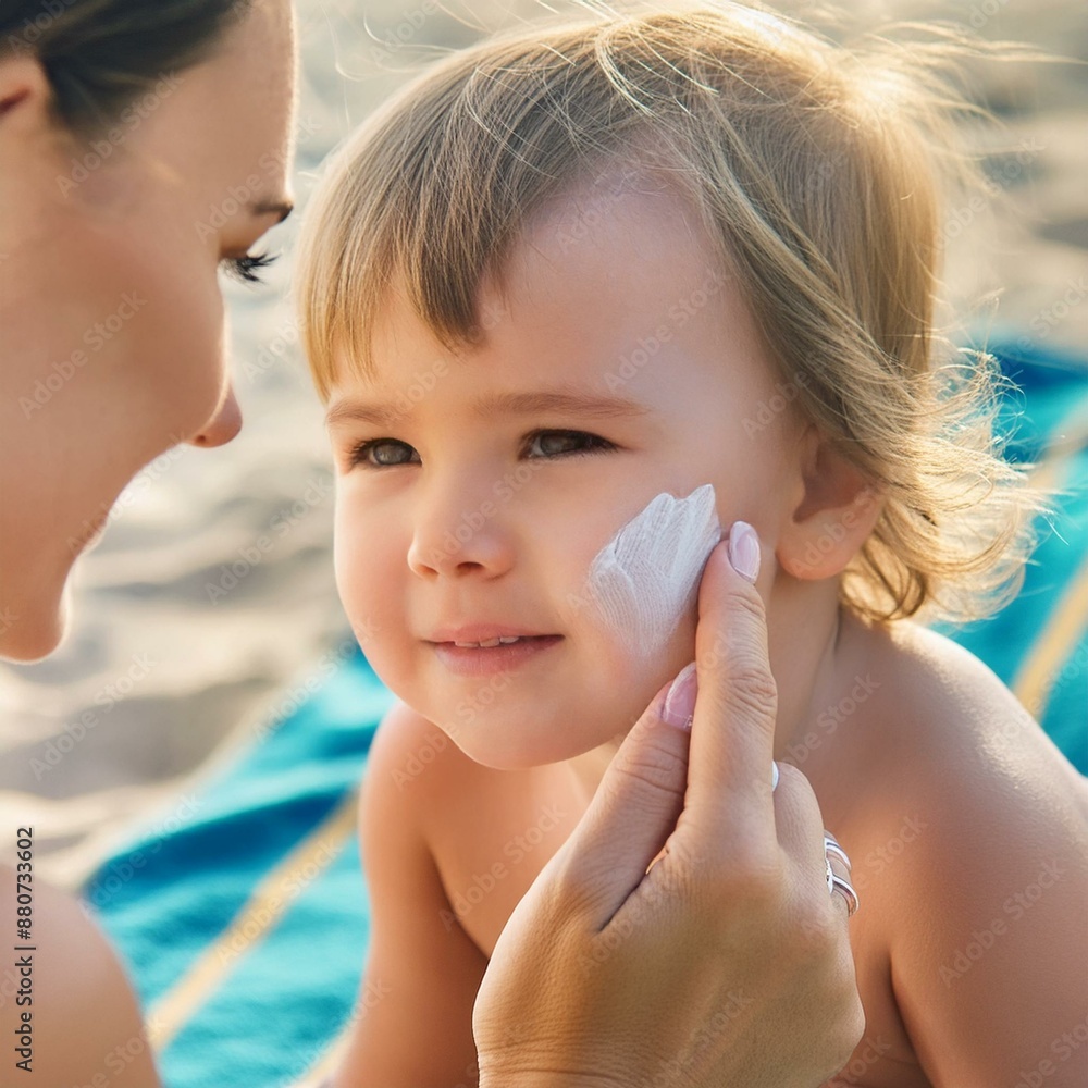 Fototapeta premium Mama i dziecko na plaży. Mama smaruje twarz dziecka kremem przeciwsłonecznym