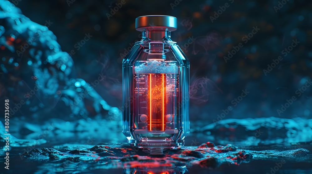 Futuristic Sci-Fi Serum Bottle with Glowing Liquid in a Dark, Mysterious Environment Futuristic Sci-Fi Serum Bottle with Glowing Liquid in a Dark, Mysterious Environment