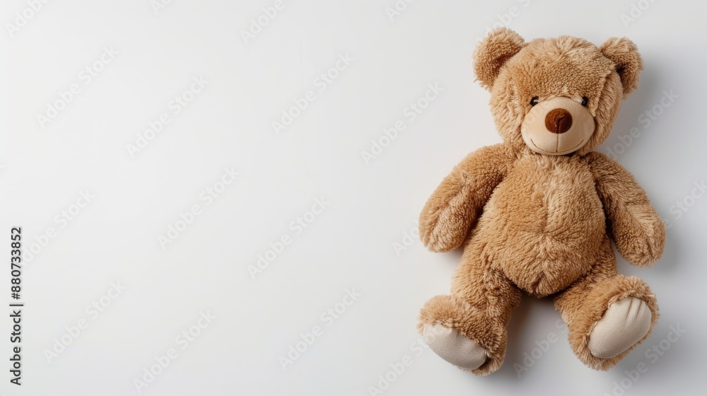 Simplified design featuring toy bear on white background Concept of caring for children and family Top view with copy space Simplified design featuring toy bear on white background Concept of caring for children and family Top view with copy space