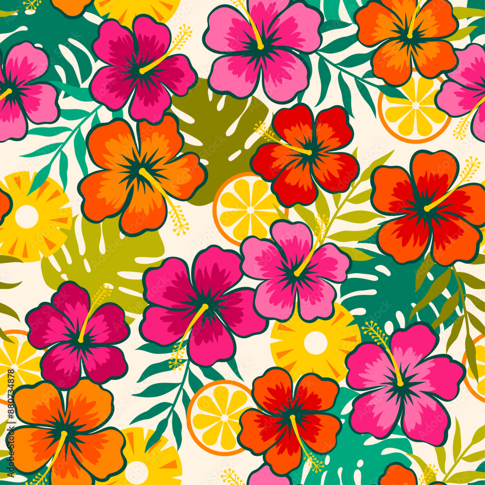 Hibiscus flower, citrus fruit and tropical leaf seamless pattern design for summer holidays background. Hibiscus flower, citrus fruit and tropical leaf seamless pattern design for summer holidays background.