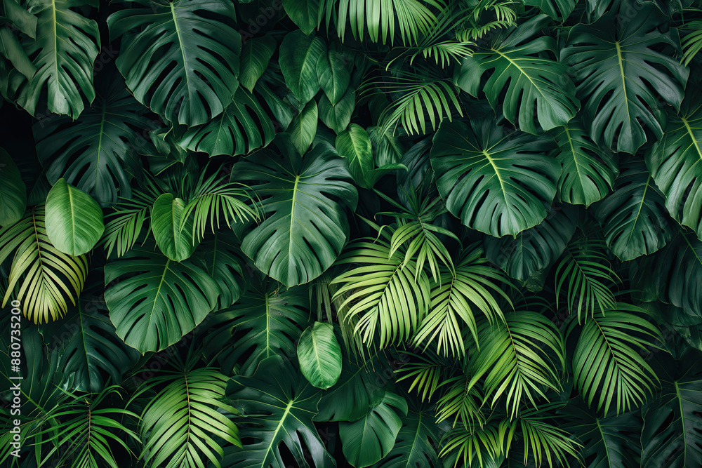 floral pattern with lush jungle of monstera and palm leaves, dark green, tropical, photorealistic // ai-generated floral pattern with lush jungle of monstera and palm leaves, dark green, tropical, photorealistic // ai-generated