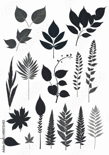 Silhouettes of different leaves. Clip art. Vector illustration. Isolated background transparent 