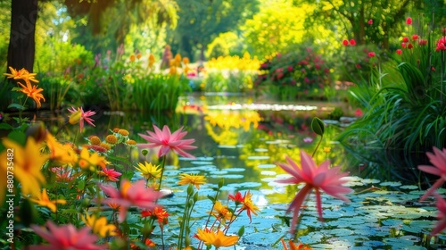 Colorful flowers and lily pads in a pond surrounded by lush greenery photo