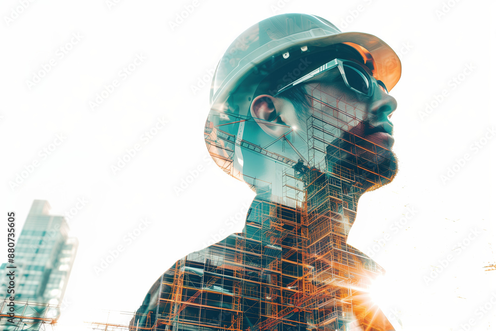 Creative Double Exposure of Project Manager and Stunning Construction Site View in Vibrant Colors on White Background Creative Double Exposure of Project Manager and Stunning Construction Site View in Vibrant Colors on White Background