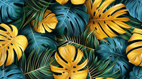 Wallpaper Mural Seamless Leaves Pattern in Green and Gold Palette on White Background Torontodigital.ca