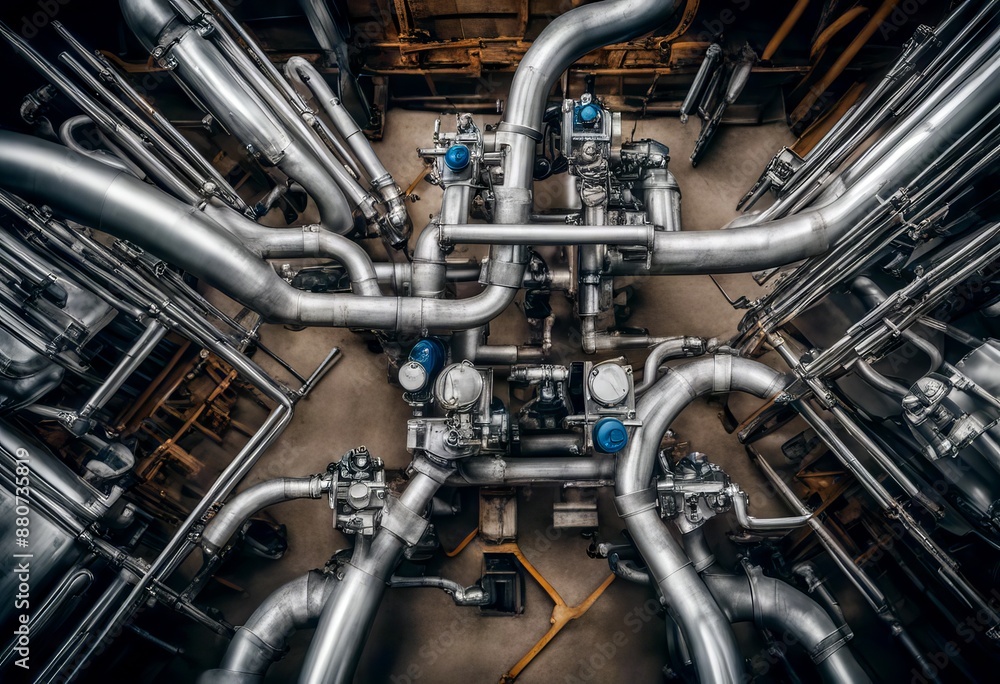 Fototapeta premium structure piping view valves building water industrial pumps top circulation steel pipe tube metal industry technology construction