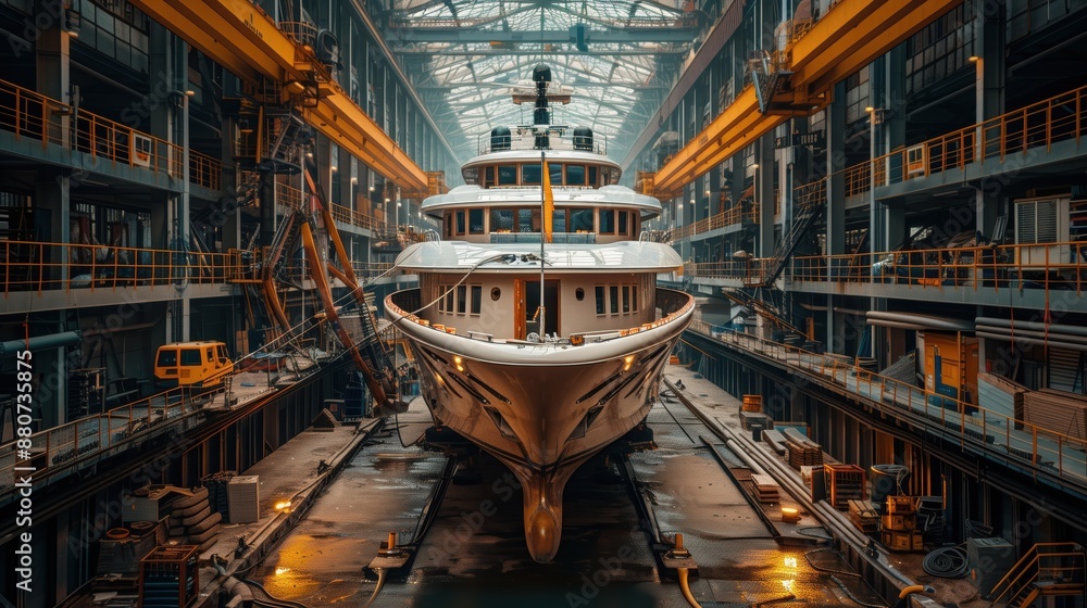 Luxury Yacht in Shipyard for Maintenance. Luxury yacht in a shipyard, positioned in a dry dock for maintenance and surrounded by industrial equipment. Luxury Yacht in Shipyard for Maintenance. Luxury yacht in a shipyard, positioned in a dry dock for maintenance and surrounded by industrial equipment.