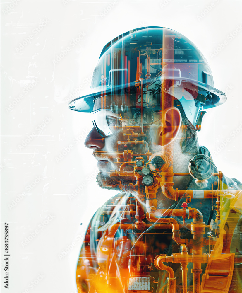 Double Exposure Photography of a Plumber with Mesmerizing Various Site Perspectives, Impeccable Clarity, Vibrant Hues, White Backdrop Double Exposure Photography of a Plumber with Mesmerizing Various Site Perspectives, Impeccable Clarity, Vibrant Hues, White Backdrop