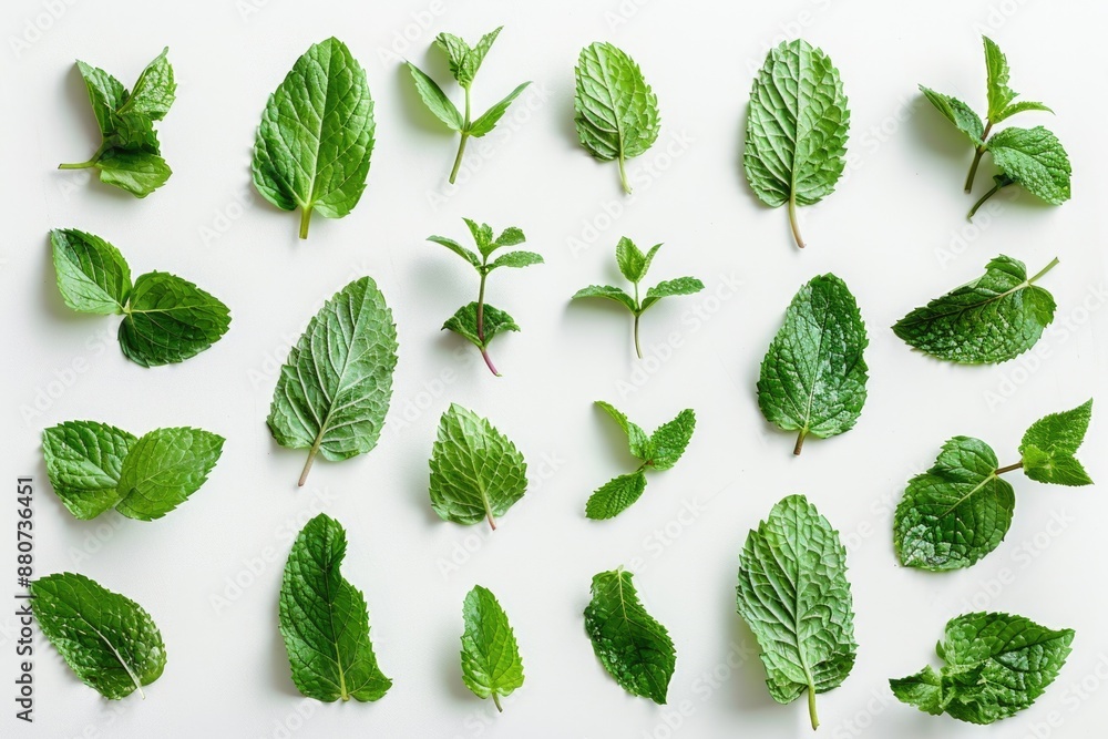 A bunch of fresh mint leaves arranged on a clean white surface A bunch of fresh mint leaves arranged on a clean white surface