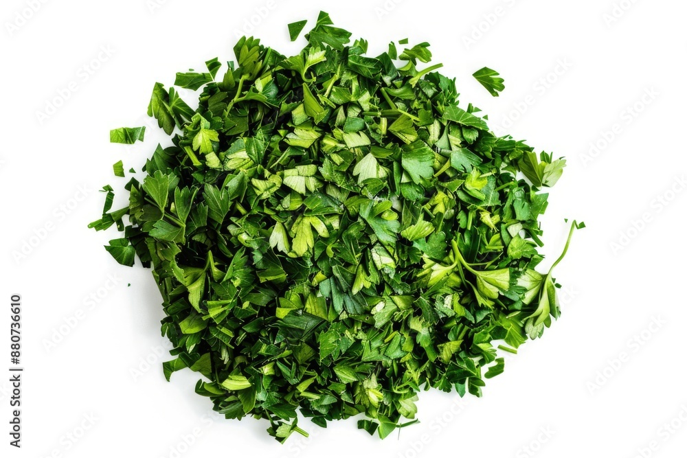 Obraz premium Fresh parsley chopped and placed on a clean white surface, ideal for photography or culinary use