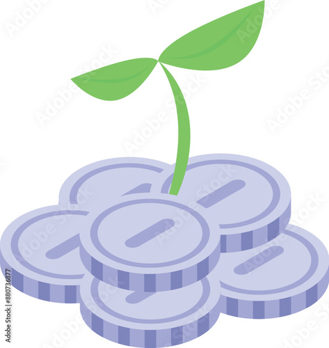 Green plant growing from stack of coins symbolizing investment growth
