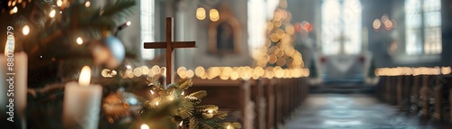 Cozy, festive church interior with lit candles, decorated Christmas tree, and warm lighting enhancing the holiday atmosphere. photo