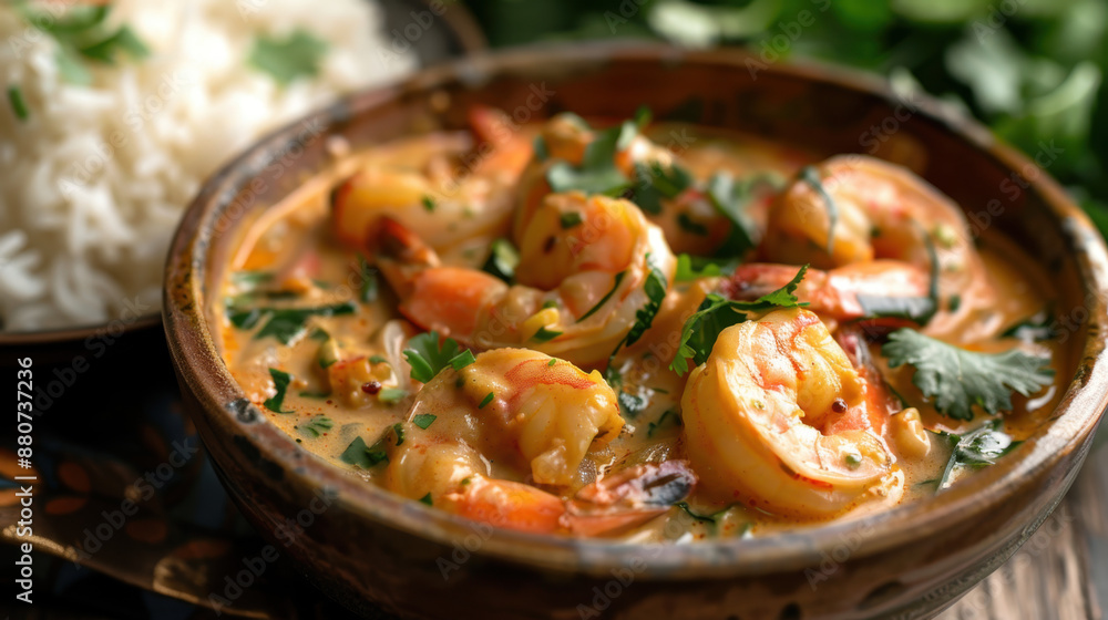 Creamy Coconut Shrimp Curry in Rustic Bowl with Steamed White Rice on Wooden Table Creamy Coconut Shrimp Curry in Rustic Bowl with Steamed White Rice on Wooden Table