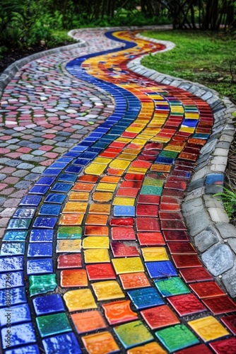 Path to Success. A winding path made from small colorful bricks leading towards a goal or finish line, symbolizing the journey toward achieving success.