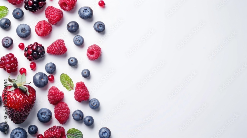 Variety of fresh berries on white background with space for text Variety of fresh berries on white background with space for text