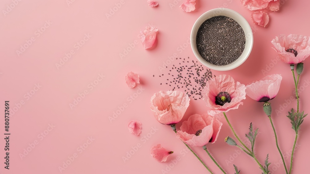 Poppy seed box on pink background with text space Poppy seed box on pink background with text space