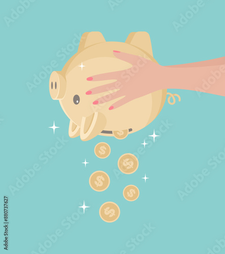 Female hands pouring out coins from a golden piggy bank. Vector illustration in flat style