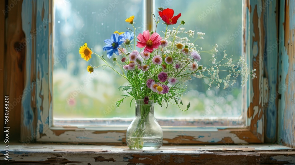 Still life of summer wildflowers in a vase on a wooden window sill at an old country house Still life of summer wildflowers in a vase on a wooden window sill at an old country house