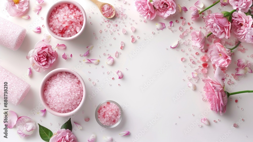 Rose infused sea salt and bath products on white background with copy space Top view of pink pastel cosmetic display Rose infused sea salt and bath products on white background with copy space Top view of pink pastel cosmetic display