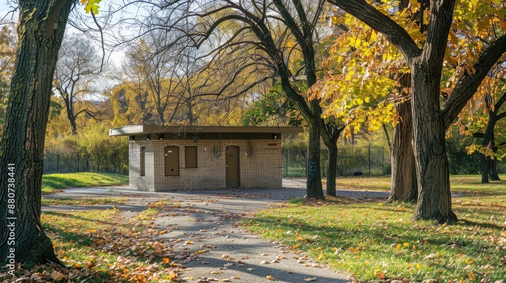Naklejka premium Sunny day view of park s restroom exterior