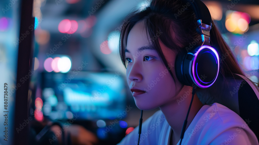 Female with headphones in front of pc Female with headphones in front of pc