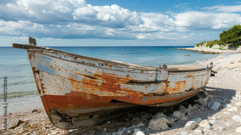 Old boat in disrepair on beach with room for text Old boat in disrepair on beach with room for text