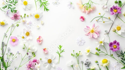 Fototapeta Naklejka Na Ścianę i Meble -  Spring flowers in full bloom on white background with space for text