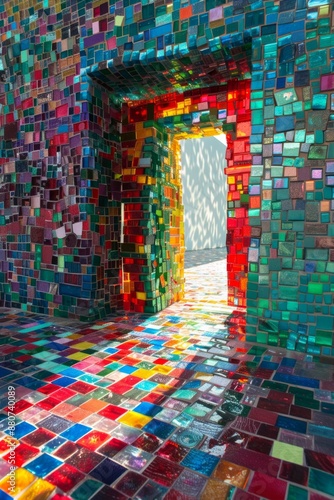 A doorway or threshold made from small colorful bricks, leading to a new realm or vista, representing the passage to deeper understanding