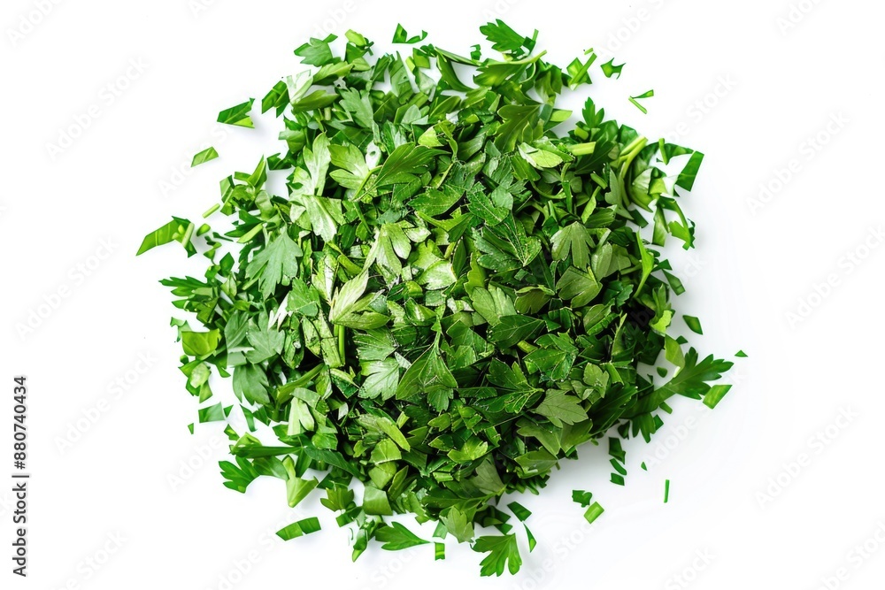 A pile of fresh parsley leaves arranged on a clean white surface A pile of fresh parsley leaves arranged on a clean white surface