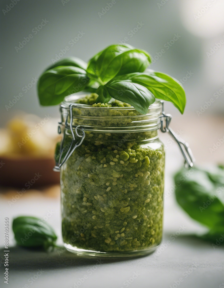 fresh pesto in a jar, accompanied by a bunch of fragrant basil, ad shot, copy space for text fresh pesto in a jar, accompanied by a bunch of fragrant basil, ad shot, copy space for text