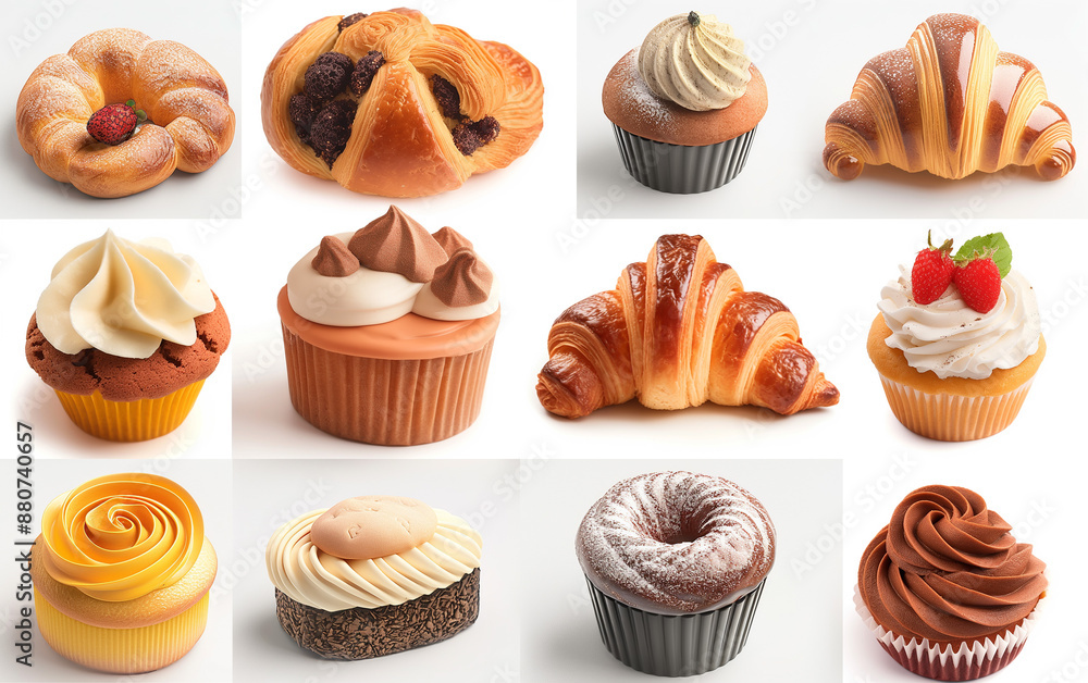 collection set fresh bakery cupcake, donut, sweet pastries on white background collection set fresh bakery cupcake, donut, sweet pastries on white background
