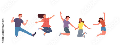 Young happy women and men  jumped up isolated. Flat style cartoon vector illustration.